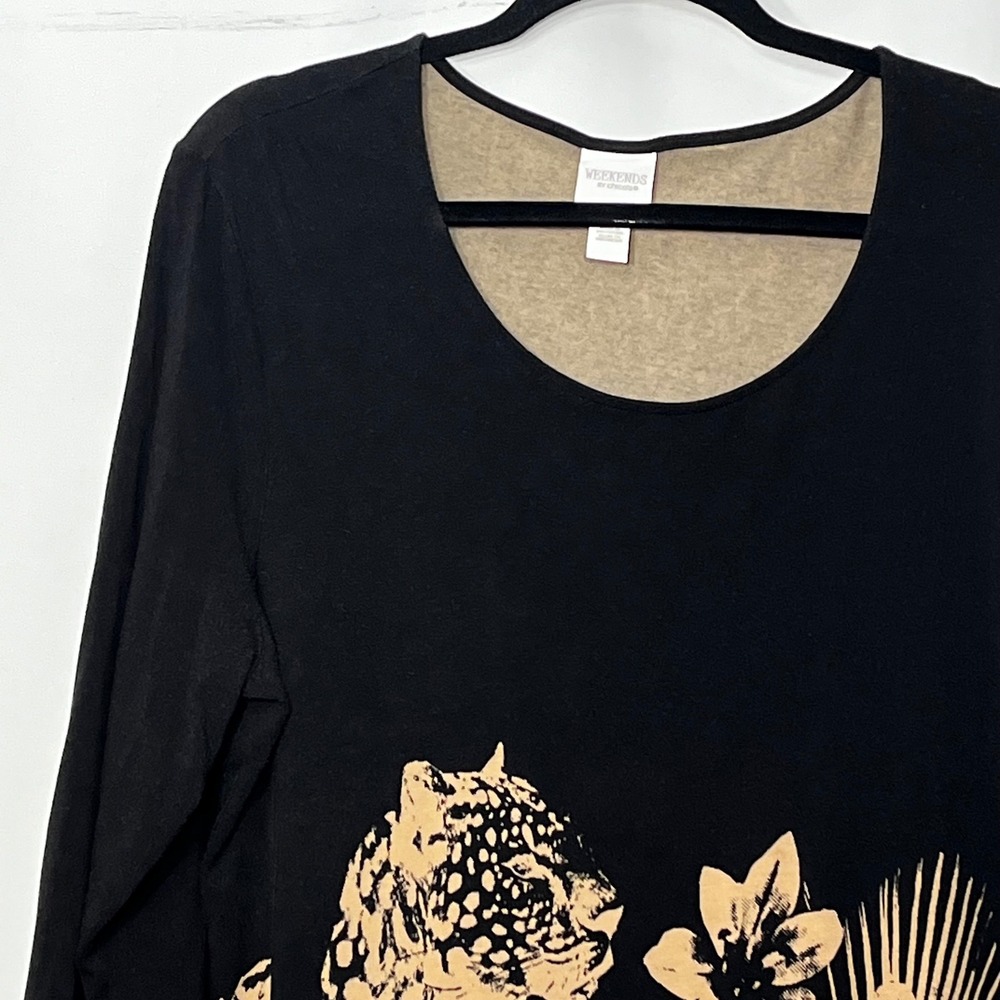 Weekends by Chico's Black Tan Leopard Floral Graphic Scoop Neck Top Size 3 XL - Picture 3 of 9